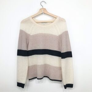 White + Warren Black Blush Cream 100% Cashmere Lightweight Striped Sweater